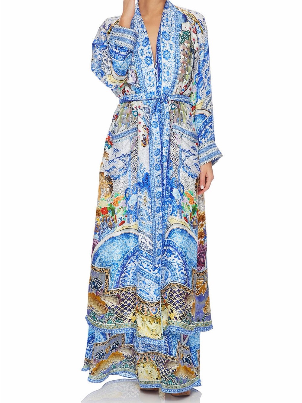 Camilla Blue & White Printed Silk Kimono/Robe with belt…NWT